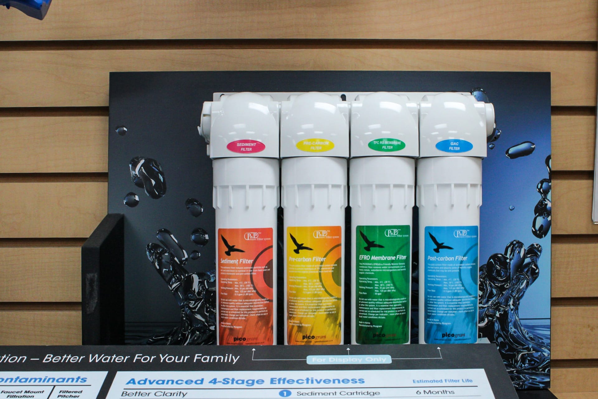 Reverse osmosis filters all lined up on a showroom shelf for Texas Water House.